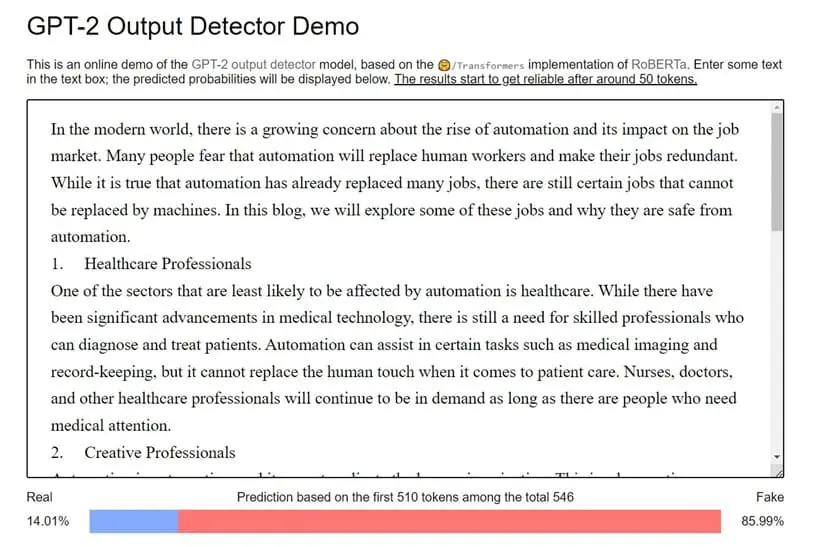 Results for AI-generated text 9